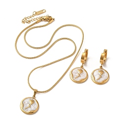 White Flower Golden 304 Stainless Steel Jewelry Set with Enamel, Dangle Hoop Earrings and Pendant Necklace, White, Necklaces: 402mm; Earring: 33x16mm