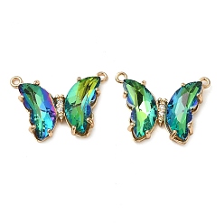 Spring Green Brass Pave Faceted Glass Connector Charms, Golden Tone Butterfly Links, Spring Green, 17.5x23x5mm, Hole: 0.9mm