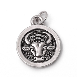Taurus Brass Pendants, with Jump Rings, Long-Lasting Plated, Flat Round with 12 Constellation/Zodiac Sign, Antique Silver, Taurus, 18.5x15x2mm, Jump Ring: 5x0.7mm, Inner Diameter: 3.6mm