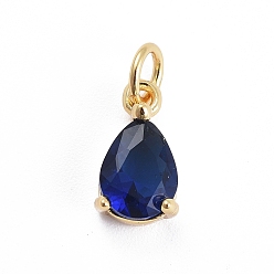Blue Brass Micro Pave Cubic Zirconia Pendants, with Jump Ring, Teardrop, Rose Gold, Blue, 11.5x6.5x4mm, Hole: 3mm
