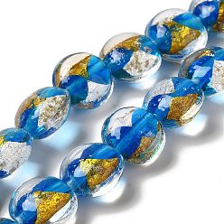 Dodger Blue Handmade Gold Sand and Silver Sand Lampwork Flat Round Beads, Dodger Blue, 14~14.5x8.5~9mm, Hole: 1.6~1.8mm
