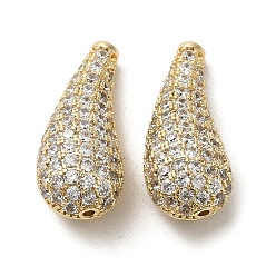 Real 18K Gold Plated Brass Micro Pave Clear Cubic Zirconia Beads, Teardrop, Real 18K Gold Plated, 18.5x8x7mm, Hole: 0.8mm