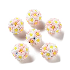 Pink Luminous Resin Pave Rhinestone Beads, Glow in the Dark Flower Round Beads with Porcelain, Pink, 19mm, Hole: 2mm