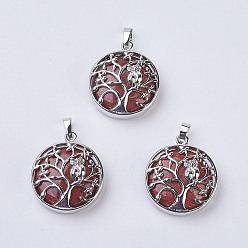 Red Jasper Natural Red Jasper Pendants, with Brass Findings, Flat Round with Tree of Life, Platinum, 31~32x27x8~9mm, Hole: 5x7mm