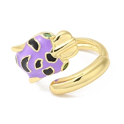 Lilac Enamel Leopard Open Cuff Ring with Cubic Zirconia, Real 18K Gold Plated Brass Jewelry, Long-Lasting Plated, Lilac, Inner Diameter: 18mm