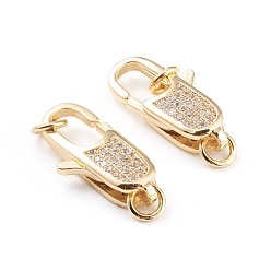 Real 18K Gold Plated Brass Micro Pave Clear Cubic Zirconia Lobster Claw Clasp, with Jump Rings, Long-Lasting Plated, Real 18K Gold Plated, 24x11.5x5.5mm, Hole: 4mm