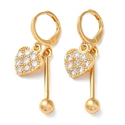 Light Gold Rhinestone Heart Leverback Earrings, Brass Bar Drop Earrings for Women, Light Gold, 37mm, Heart: 12.5x10.5x2.5mm
