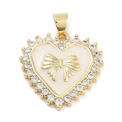 Белый Стойка металлическая латунная микропрофилированная кубическая циркония подвески, с эмалью, долговечный, без свинца и без кадмия, реальный 18 k позолоченный, сердце с бантом, белые, 20.5x20x3.5 мм, отверстие : 5x3.5 мм