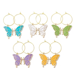 Mixed Color Alloy Enamel Wine Glass Charms, with Brass Hoop Earring Findings, Butterfly, Mixed Color, 58x30mm, Inner Diameter: 24mm