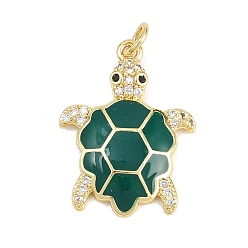 Морско-зеленый Латунные микро проложить кубического циркония подвески, с эмалью, черепаховые чары, долговечный, стойки покрытие, без свинца и без кадмия, реальный 18 k позолоченный, цвета морской волны, 23x17x3 мм, отверстие : 3.2 мм