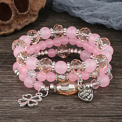 B133 Pink Bohemian Style Multi-layer Glass Bead Heart Charm Bracelet for Women