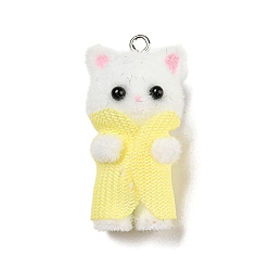WhiteSmoke Flocking Opaque Resin Pendants, Cat in Yellow Clothes Charms with Platinum Tone Iron Loops, WhiteSmoke, 35x16.5x16mm, Hole: 2mm