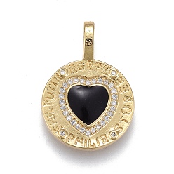 Schwarz Valentinstag Messing Micro Pave Zirkonia Anhänger, mit Emaille, langlebig überzogen, golden, flach rund mit Herz, Schwarz, 28x19x4 mm, Bohrung: 4x6.5 mm