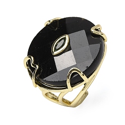 Obsidian Natural Obsidian Cuff Rings, Round, Brass Micro Pave Cubic Zirconia Cuff Open Rings, Faceted, Golden, US Size 8 1/2(18.5mm)