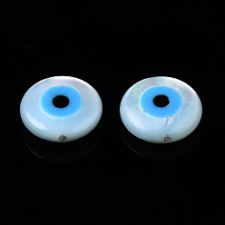 Light Sky Blue Natural White Shell Mother of Pearl Shell Beads, with Synthetic Turquoise, Flat Round with Evil Eye, Light Sky Blue, 10x3mm, Hole: 0.8mm