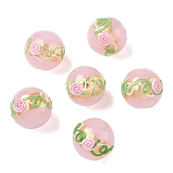 Pink Бусины ручной работы золотой фольги стекла, с эмалью, круглый с цветком розы, розовые, 16.5~17.5 мм, отверстие : 1.6 мм