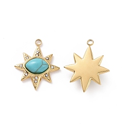 Synthetic Turquoise Synthetic Turquoise Pendants, with Ion Plating(IP) Real 18K Gold Plated 304 Stainless Steel Micro Pave Cubic Zirconia Findings, Star Charm, 22x18.5x5mm, Hole: 1.8mm