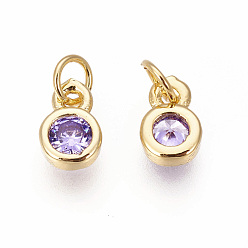 Lilac Brass with Single Cubic Zirconia Charms, Single Stone Charms, Flat Round, Golden, Lilac, 6.5x4.5x2mm, Hole: 2.5~3mm