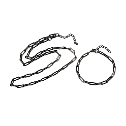 Черный 304 Набор украшений из браслета и ожерелья из звеньев нержавеющей стали в виде цепочки-скрепки., с карабин-лобстерами , ионное покрытие (ip), чёрные, 570 мм