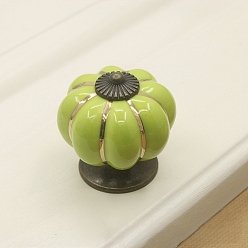 Green Yellow Porcelain Drawer Knobs, with Metal Finding, European Style Pumpkin Shape Cabinet Handle, Green Yellow, 40x40mm