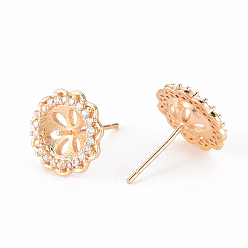 Real 18K Gold Plated Brass Micro Pave Clear Cubic Zirconia Stud Earrings Findings, for Half Drilled Bead, Nickel Free, Flower, Real 18K Gold Plated, 12.5mm, Pin: 0.8mm, Pin: 0.8mm(for Half Drilled Bead)