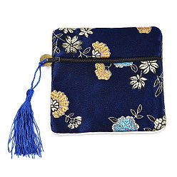 Marine Blue Chinese Brocade Tassel Zipper Jewelry Bag Gift Pouch, Square with Flower Pattern, Marine Blue, 11.5~11.8x11.5~11.8x0.4~0.5cm
