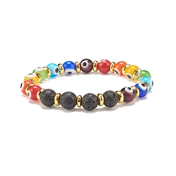 Colorful Round Evil Eye Lampwork & Natural Lava Rock Beaded Stretch Bracelet, Essential Oil Gemstone Jewelry for Women, Colorful, Inner Diameter: 2-1/8 inch(5.5cm)