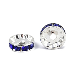 Сапфир Латунные бусины разделители для поставки стразов, класс А, прямой фланец, серебряный цвет гальваническим, рондель, сапфир, 10x4 мм, отверстие : 2 мм