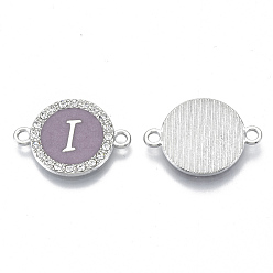 Letter I Alloy Enamel Links Connectors, with Crystal Rhinestones, Flat Round with Letter, Silver Color Plated, Letter.I, 22x16x2mm, Hole: 1.8mm
