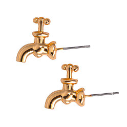 Golden Alloy Front Back Stud Earrings, Water Faucet Shape, Golden, 13x28mm