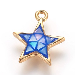 Royal Blue Brass Enamel Charms, with Freshwater Shell, Star, Golden, Royal Blue, 13x11x2.5mm, Hole: 1.2mm