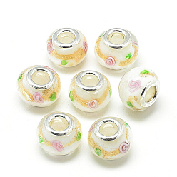 Creamy White Handmade Gold Sand Lampwork European Beads, with Brass Double Cores, Large Hole Beads, Rondelle, Platinum, Creamy White, 13.5~14.5x10.5~11mm, Hole: 5mm