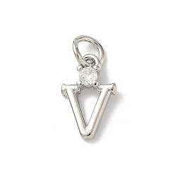 Letter V Латунные подвески из прозрачного кубического циркония, письмо амулеты, с целью перехода в кольце, стойки покрытие, долговечный, без свинца и без кадмия, платина, Буква V, 12~12.5x3~10x2.3 мм, отверстие : 3.3 мм