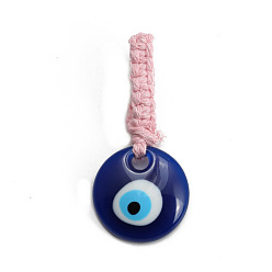 Pink Flat Round with Evil Eye Resin Pendant Decorations, Cotton Cord Braided Hanging Ornament, Pink, 81mm