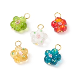 Mixed Color Handmade Bumpy Lampwork Pendants, with Golden Plated Iron Finding, Flower, Mixed Color, 20x15x8mm, Hole: 4mm
