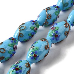 Deep Sky Blue Handmade Lampwork Beads, Rice wit Flower, Deep Sky Blue, 23x12~13mm, Hole: 1.6mm
