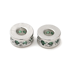 Green Brass Cubic Zirconia Beads, Long-Lasting Plated, Lead Free & Cadmium Free, Platinum, Column, Green, 6x3mm, Hole: 2.5mm