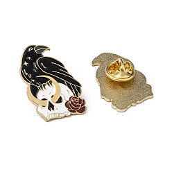 Black Creative Zinc Alloy Brooches, Enamel Lapel Pin, with Iron Butterfly Clutches or Rubber Clutches, Bird with Skull, Golden, Black, 30x20mm, Pin: 1mm