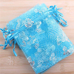 Deep Sky Blue Rectangle Printed Organza Drawstring Bags, Silver Stamping Butterfly Pattern, Deep Sky Blue, 12x10cm