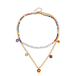 golden Handmade Daisy Flower Beaded Necklace for Women with Colorful Rice Pearls