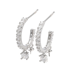 Real Platinum Plated 925 Sterling Silver with Cubic Zirconia Stud Earring Findings, Real Platinum Plated, 21mm, Pin: 0.6mm
