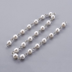 Platinum Handmade Shell Pearl Beaded Chains, Unwelded, with Iron Needle, Round, Platinum, 6mm, 39.37 inch, 1m/strand