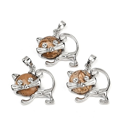 Пейзажный Джаспер Кулоны с изображением котенка из яшмы, милые латунные подвески в форме кошки, платина, долговечный, стойки покрытие, 28.5x30.5x10 мм, отверстие : 8x5 мм