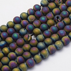 Multi-color Plated Electroplate Natural Druzy Agate Beads Strands, Dyed, Round, Frosted, Multi-color Plated, 6mm, Hole: 1mm, about 62pcs/strand, 15.7 inch(40cm)