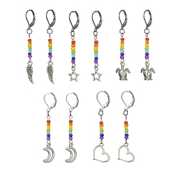 Colorful Glass Seed & Alloy Dangle Leverback Earrings, with 304 Stainless Steel Earrings Pins, Mixed Shapes, Colorful, 54~59x5~13.5mm