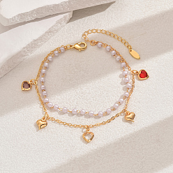 Сердце Модные женские браслеты на ногу в винтажном пляжном стиле с регулируемыми подвесками из латуни и пластика с жемчугом в виде двух нитей, реальный 18 k позолоченный, сердце, 7-7/8 дюйм (200 мм)