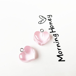 Pink Transparent Resin Pendants, with Platinum Tone Metal Loops, Heart, Pink, 16x18x10mm