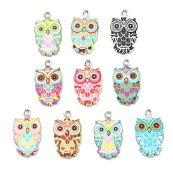 Mixed Color Printed Alloy Pendants, Platinum, Owl Charm, Mixed Color, 23x13.5x2mm, Hole: 1.7mm