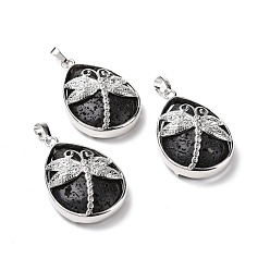 Lava Rock Natural Lava Rock Pendants, with Platinum Tone Brass Findings, Lead Free & Cadmium Free, Teardrop with Dragonfly Charms, 40~40.5x26~26.5x9~9.5mm, Hole: 5x7mm
