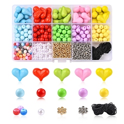 Mixed Color DIY Candy Color Beaded Necklace Mobile Strap Lanyard Making Kit, Including Acrylic Heart & Plastic Imitation Pearl & Resin Stripe Beads, Nylon Thread, Mixed Color, Beads: 1531Pcs/box